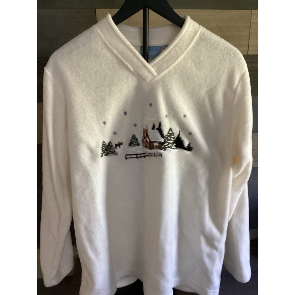 Vtg Croft & Barrow Sport Women Large Fleece V Neck With Winter Scenery Off White